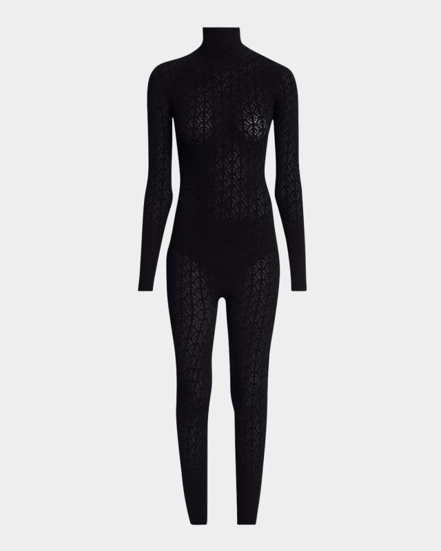 Turtleneck Long-Sleeve Lace Knit Catsuit